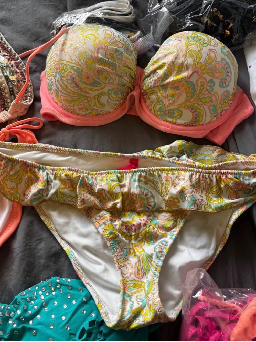 Victoria Secret Coral Trim Paisley Print Push-Up Bikini Set